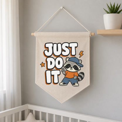 Embroidered Just Do It Raccoon Canvas Pennant Banner Decor, Cool Animal Streetwear Kids Room Playroom Wall Hanging Sign, Boy Birthday Gift