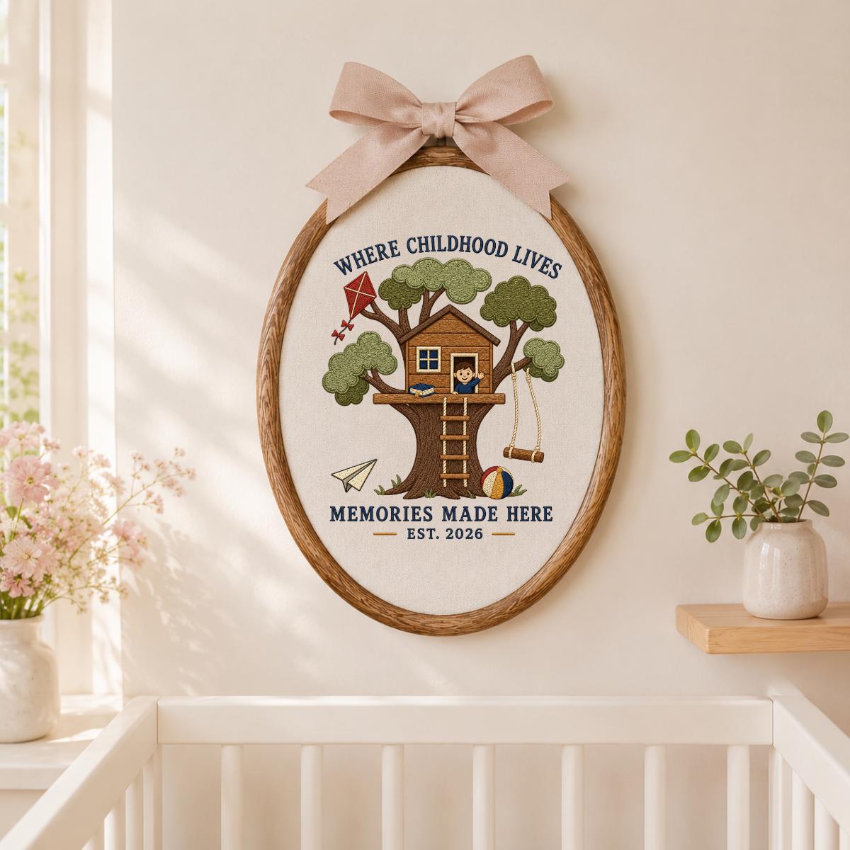 Treehouse Memories Are Made Here Oval Hoop Decor, Embroidered Where Childhood Lives Swing Kite Nursery Sign, Kids Room Birthday Gift