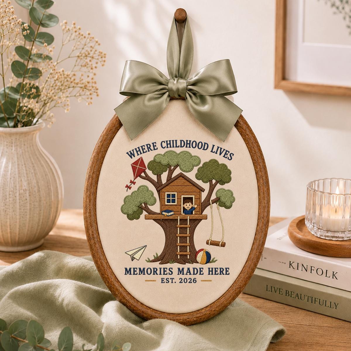 Treehouse Memories Are Made Here Oval Hoop Decor, Embroidered Where Childhood Lives Swing Kite Nursery Sign, Kids Room Birthday Gift
