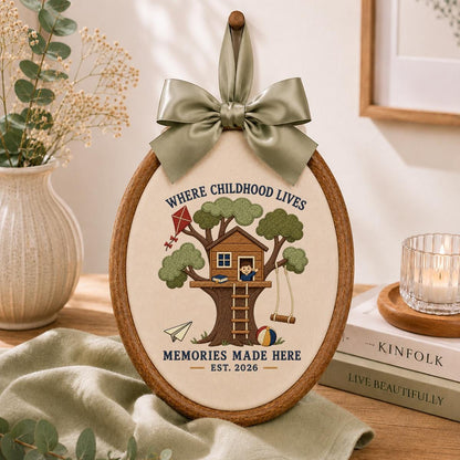 Treehouse Memories Are Made Here Oval Hoop Decor, Embroidered Where Childhood Lives Swing Kite Nursery Sign, Kids Room Birthday Gift