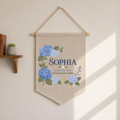 Personalized Blue Hydrangea 30th Birthday Canvas Pennant Banner, Custom Name Sophia 30 Years Memories Embroidered Wall Hanging Sign