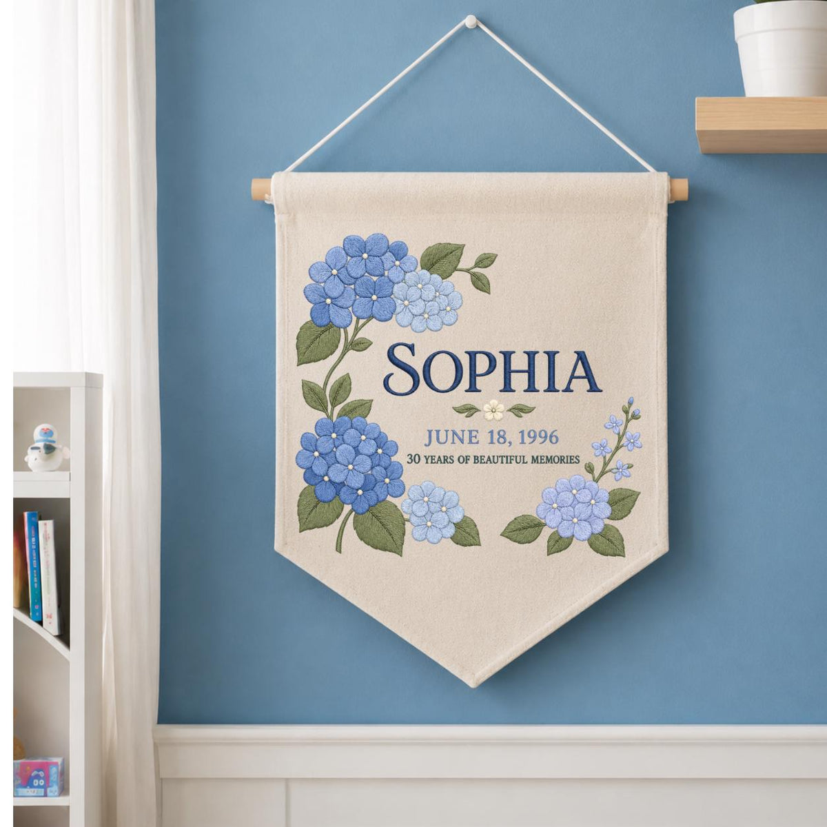 Personalized Blue Hydrangea 30th Birthday Canvas Pennant Banner, Custom Name Sophia 30 Years Memories Embroidered Wall Hanging Sign
