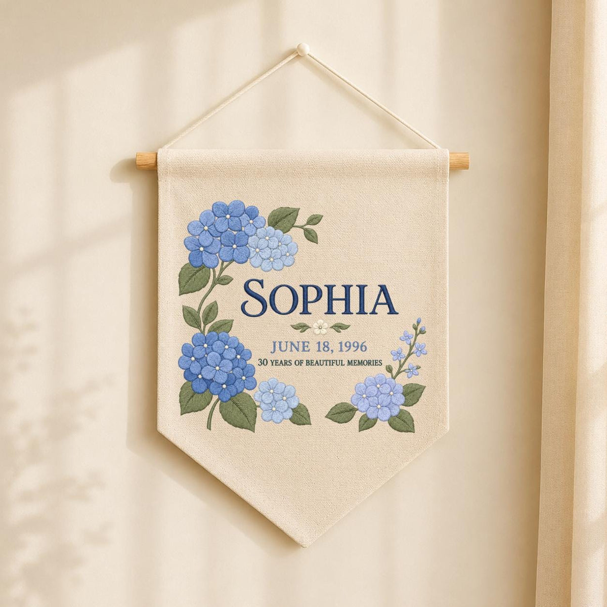 Personalized Blue Hydrangea 30th Birthday Canvas Pennant Banner, Custom Name Sophia 30 Years Memories Embroidered Wall Hanging Sign