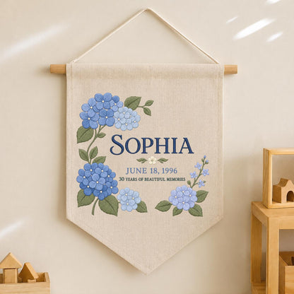 Personalized Blue Hydrangea 30th Birthday Canvas Pennant Banner, Custom Name Sophia 30 Years Memories Embroidered Wall Hanging Sign