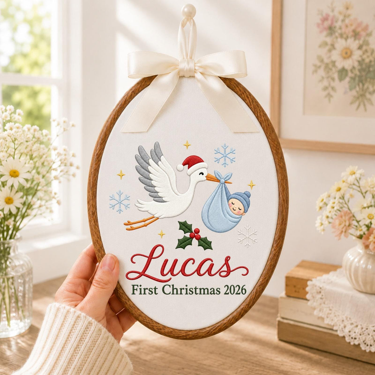 Personalized Embroidered Ornament, Baby First Christmas 2026, Stork Baby Christmas Ornament, Custom Name Newborn Keepsake, Baby Boy Gift