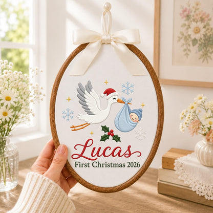Personalized Embroidered Ornament, Baby First Christmas 2026, Stork Baby Christmas Ornament, Custom Name Newborn Keepsake, Baby Boy Gift