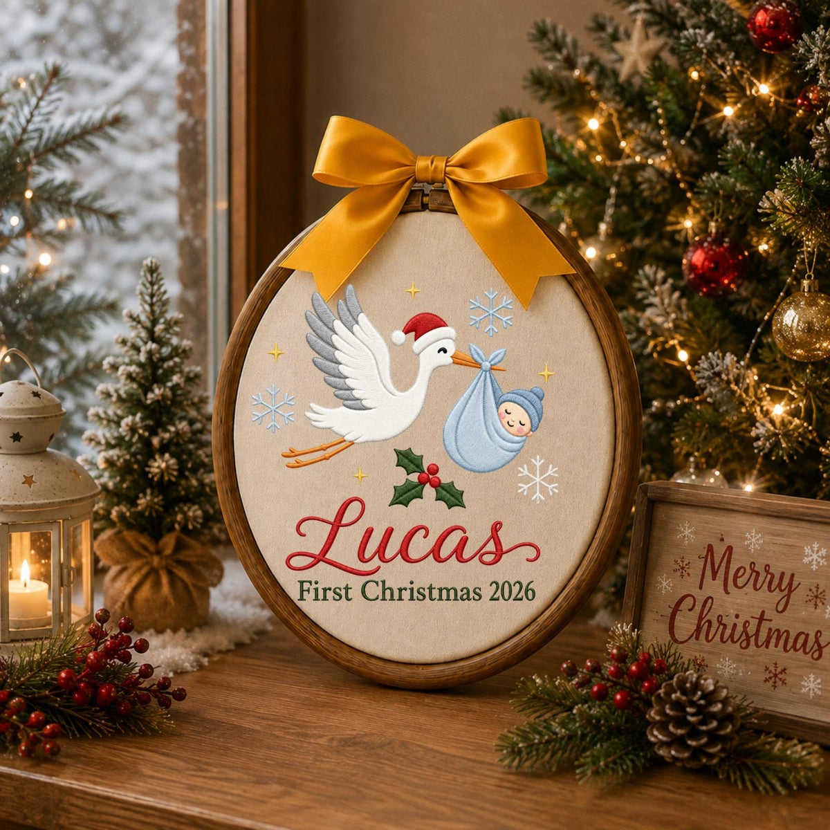 Personalized Embroidered Ornament, Baby First Christmas 2026, Stork Baby Christmas Ornament, Custom Name Newborn Keepsake, Baby Boy Gift