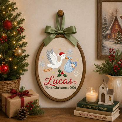 Personalized Embroidered Ornament, Baby First Christmas 2026, Stork Baby Christmas Ornament, Custom Name Newborn Keepsake, Baby Boy Gift