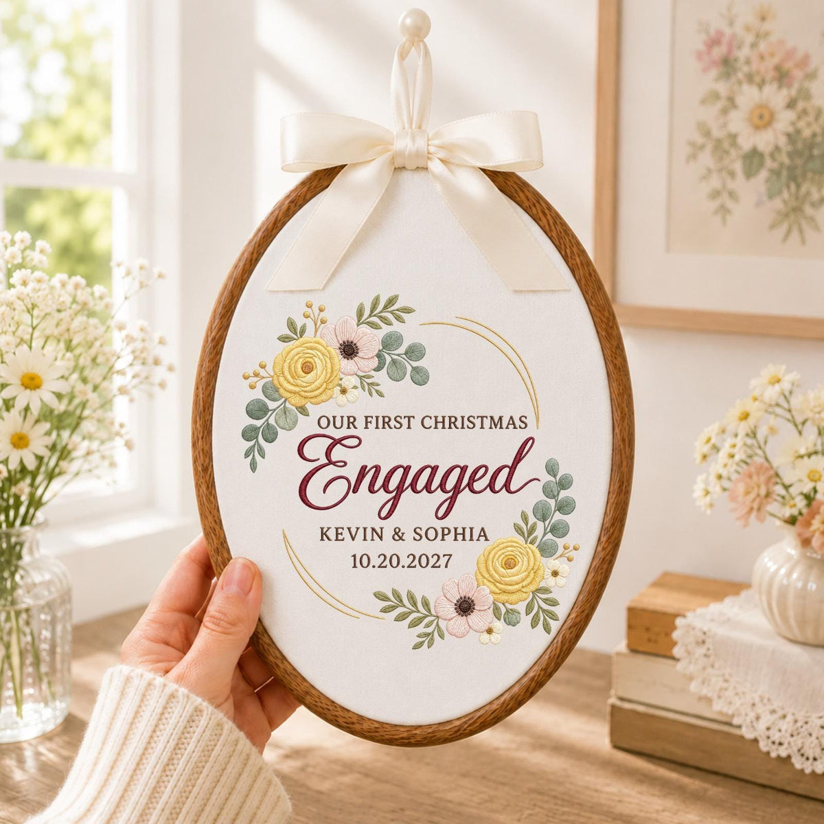 Personalized Embroidered Ornament, Our First Christmas Engaged Ornament, Engagement Gift for Couple, Custom Names Engagement Keepsake 2027