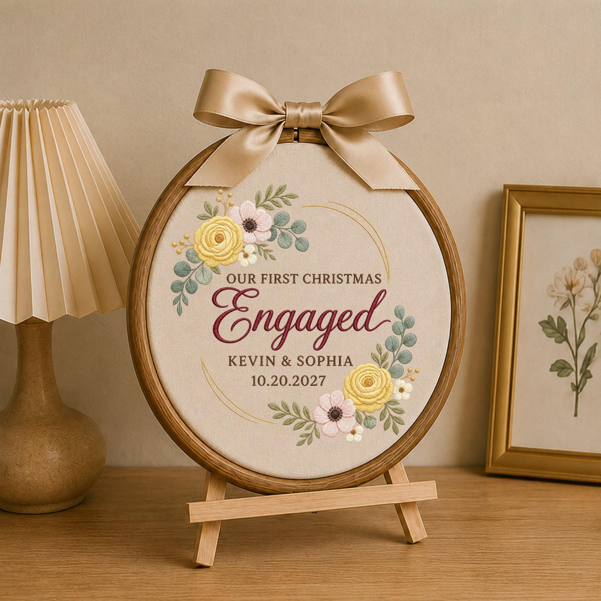 Personalized Embroidered Ornament, Our First Christmas Engaged Ornament, Engagement Gift for Couple, Custom Names Engagement Keepsake 2027