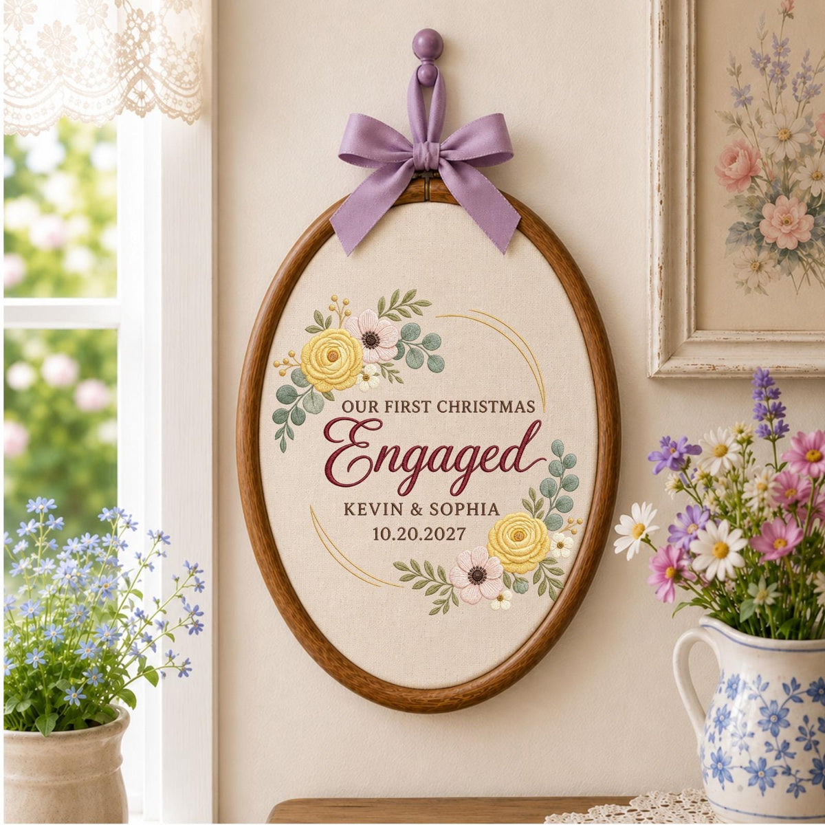 Personalized Embroidered Ornament, Our First Christmas Engaged Ornament, Engagement Gift for Couple, Custom Names Engagement Keepsake 2027