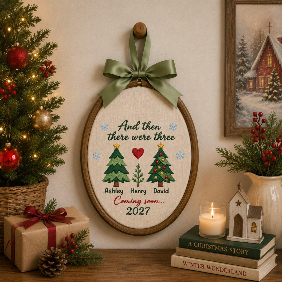 Personalized Embroidered Ornament, Pregnancy Announcement Christmas Ornament, And Then There Were Three, Baby Coming Soon 2027 Keepsake