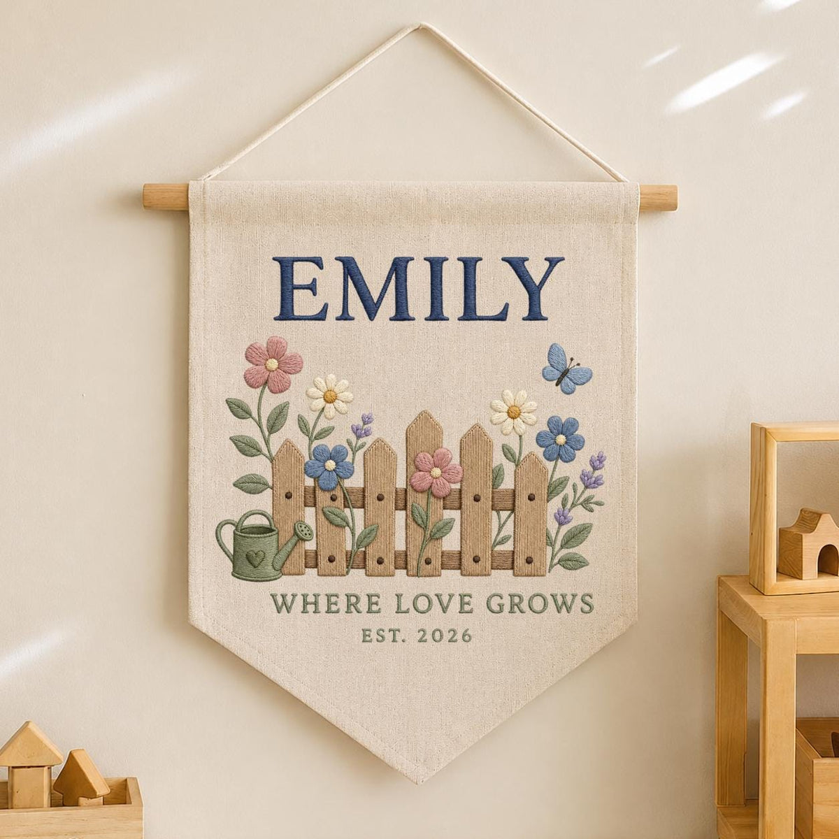 Personalized Floral Fence Canvas Pennant Decor, Custom Embroidered Garden Watering Can Name Sign, Baby Shower Housewarming Keepsake Gift