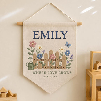 Personalized Floral Fence Canvas Pennant Decor, Custom Embroidered Garden Watering Can Name Sign, Baby Shower Housewarming Keepsake Gift