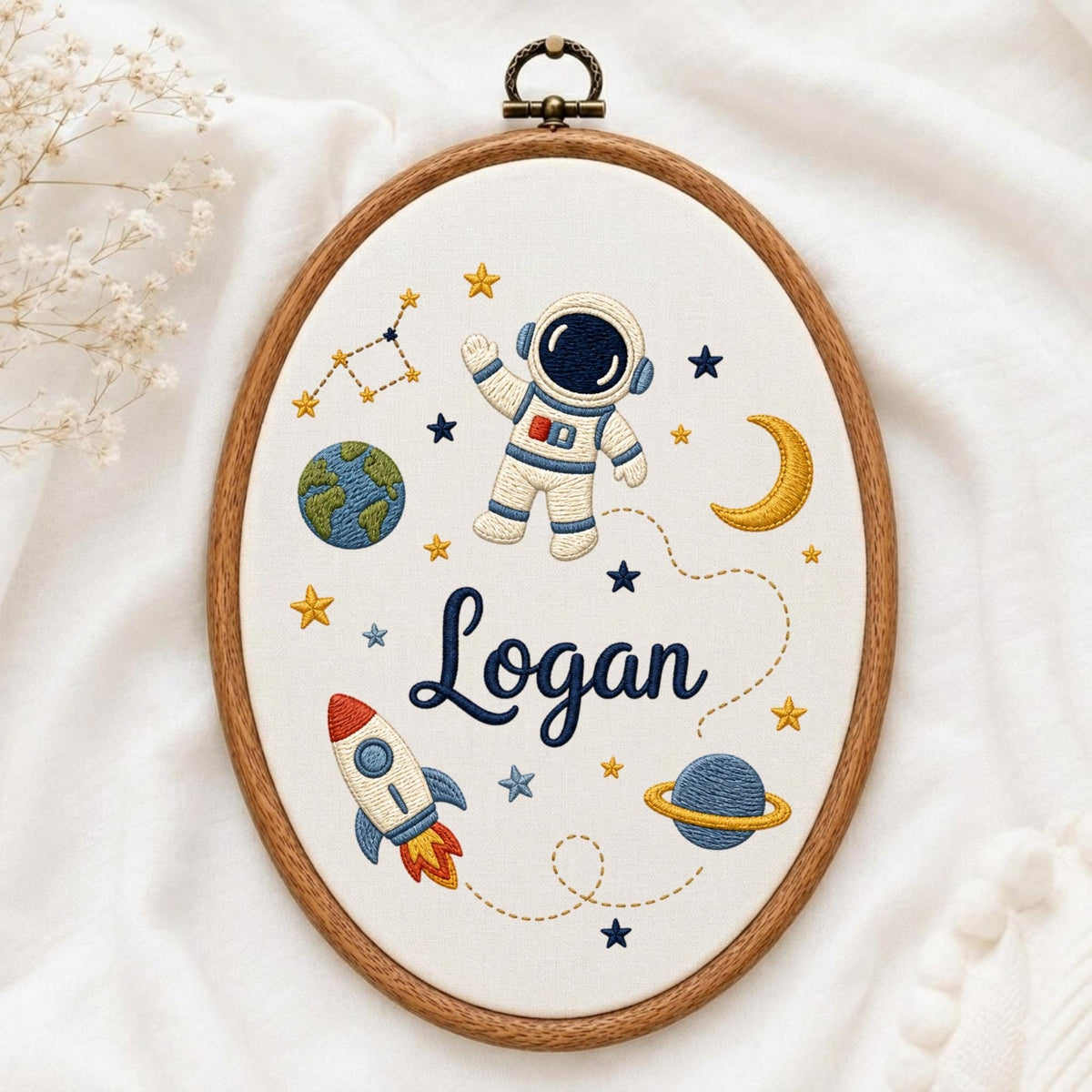 May include: An oval embroidery hoop containing white fabric with a space-themed design. The embroidery features an astronaut, a rocket, the Earth, a planet with rings, a crescent moon, and stars. The name Logan is stitched in dark blue script.