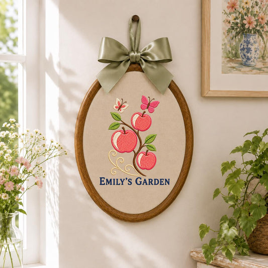 Custom Name Apple Orchard Embroidered Oval Hoop Decor, Cottagecore Red Apples Butterfly Garden Room Wall Hanging Sign, Housewarming Gift