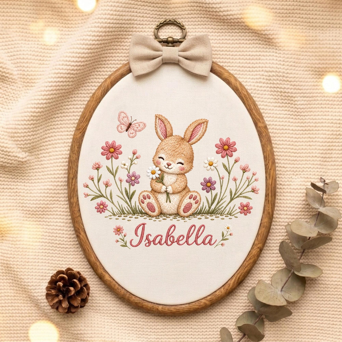 May include: An oval embroidery hoop featuring a light brown bunny holding a white daisy, surrounded by pink and purple flowers and a butterfly. The name Isabella is embroidered in pink script below the bunny. A beige bow sits at the top of the hoop.