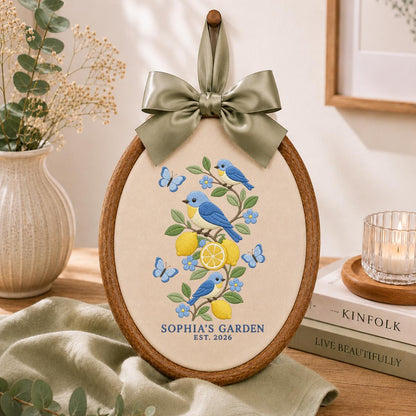 Personalized Lemon Orchard Bluebird Oval Hoop Art Decor, Custom Embroidered Sophia Garden Est 2026 Wall Sign, Gift for Gardeners