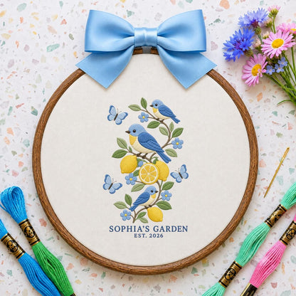 Personalized Lemon Orchard Bluebird Oval Hoop Art Decor, Custom Embroidered Sophia Garden Est 2026 Wall Sign, Gift for Gardeners