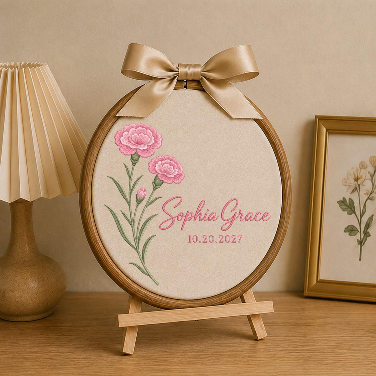 Personalized Embroidered Ornament, Carnation Flower Ornament, Custom Name Floral Keepsake, Birth Flower Gift, Personalized Botanical Decor