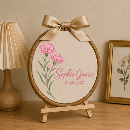 Personalized Embroidered Ornament, Carnation Flower Ornament, Custom Name Floral Keepsake, Birth Flower Gift, Personalized Botanical Decor