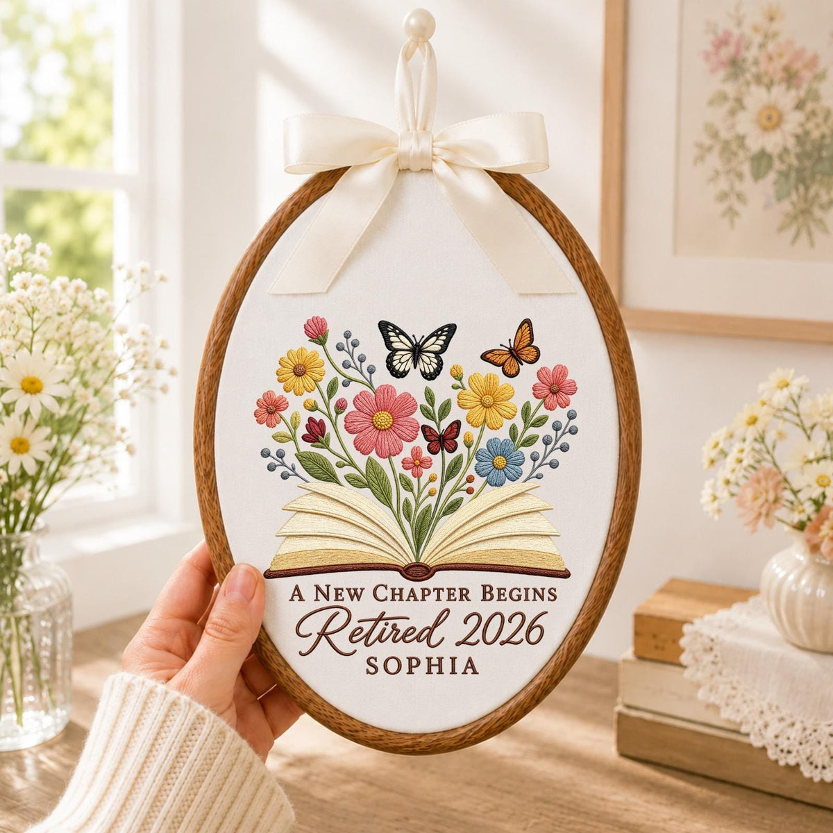 Personalized Embroidered Ornament, Retirement Gift 2026, A New Chapter Begins Ornament, Custom Name Retired Keepsake, Floral Book Decor