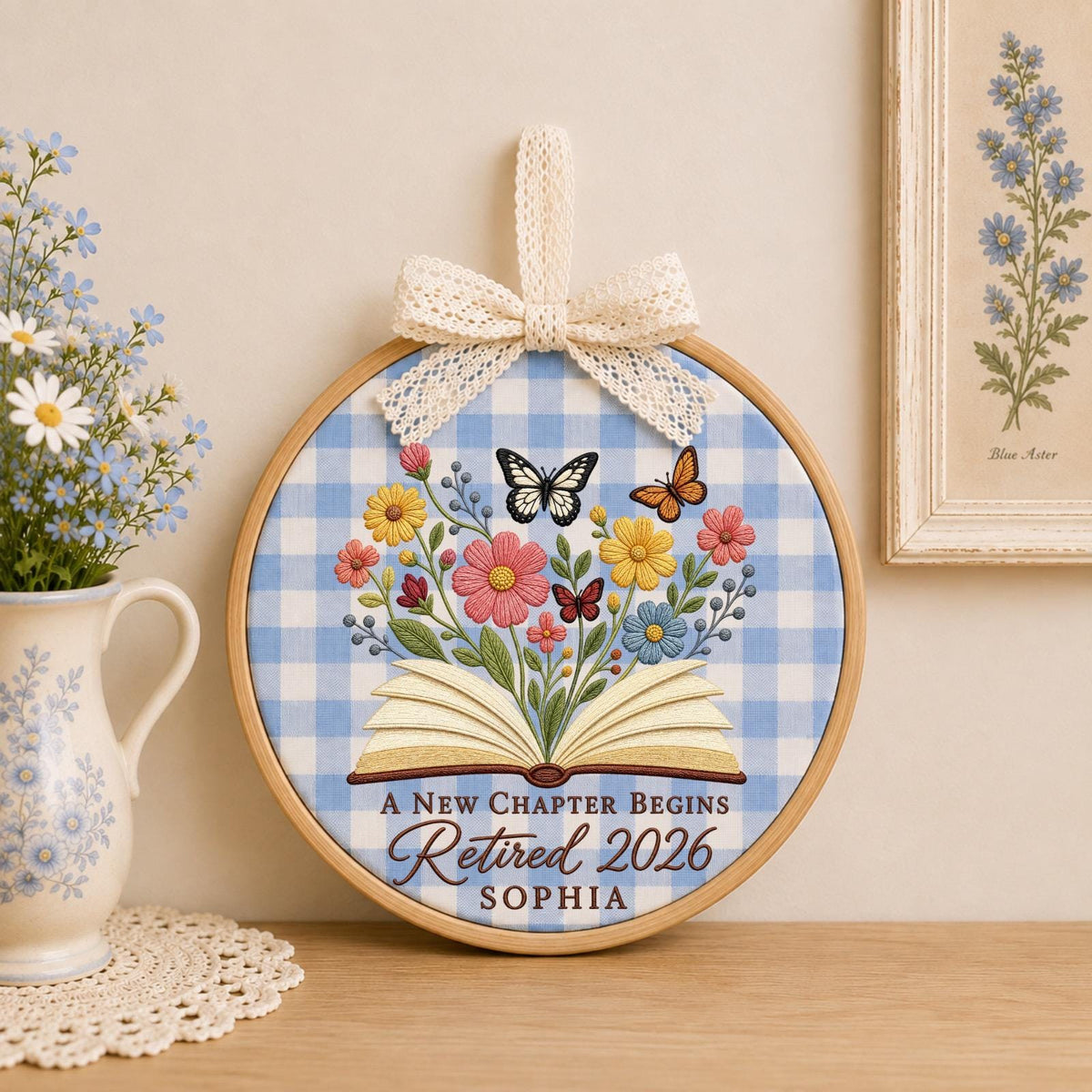 Personalized Embroidered Ornament, Retirement Gift 2026, A New Chapter Begins Ornament, Custom Name Retired Keepsake, Floral Book Decor