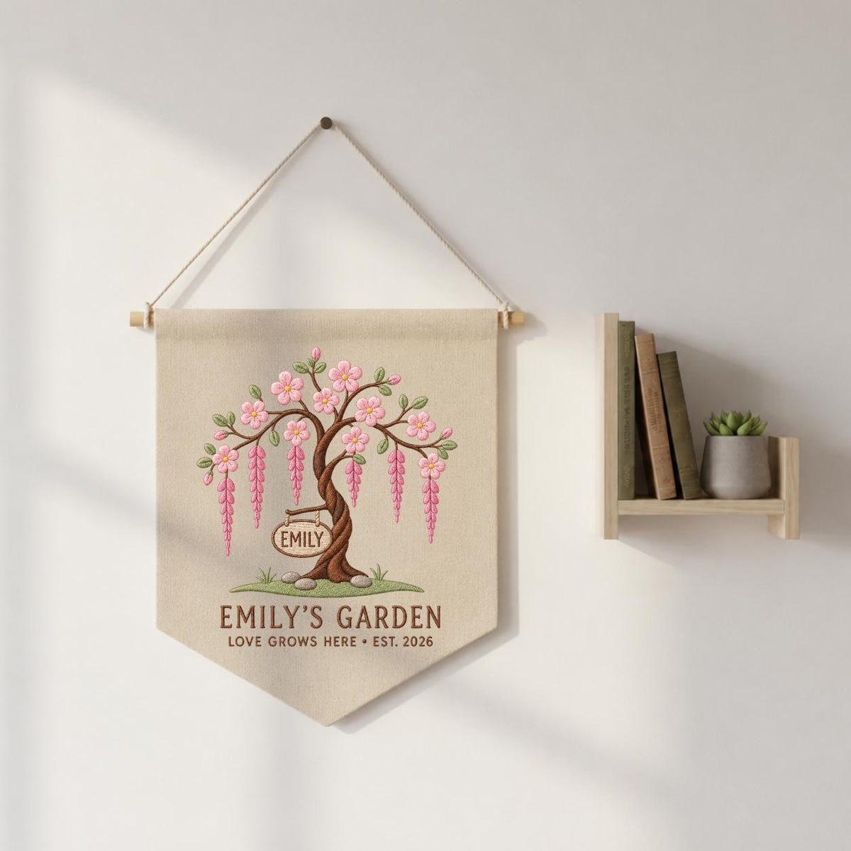 Personalized Blossom Tree Canvas Pennant Banner, Custom Name Emily Garden Love Grows Here Embroidered Wall Hanging Decor Sign