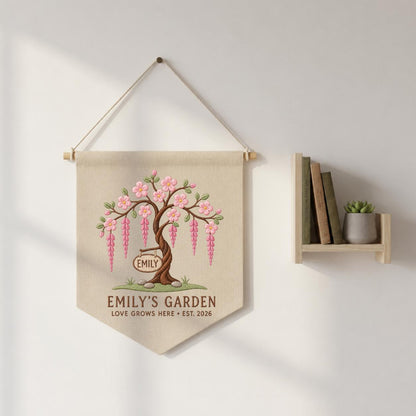 Personalized Blossom Tree Canvas Pennant Banner, Custom Name Emily Garden Love Grows Here Embroidered Wall Hanging Decor Sign