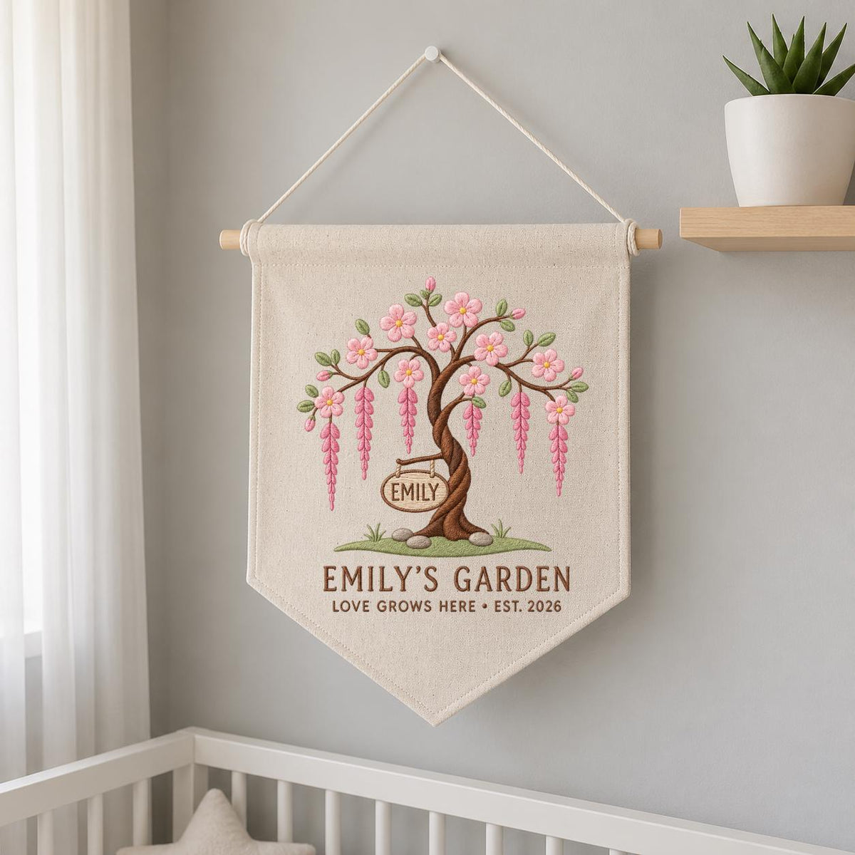 Personalized Blossom Tree Canvas Pennant Banner, Custom Name Emily Garden Love Grows Here Embroidered Wall Hanging Decor Sign