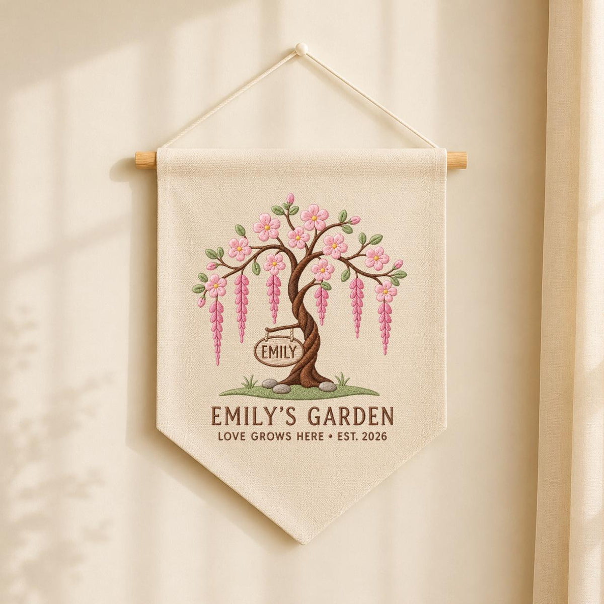 Personalized Blossom Tree Canvas Pennant Banner, Custom Name Emily Garden Love Grows Here Embroidered Wall Hanging Decor Sign