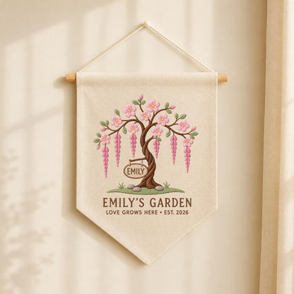 Personalized Blossom Tree Canvas Pennant Banner, Custom Name Emily Garden Love Grows Here Embroidered Wall Hanging Decor Sign
