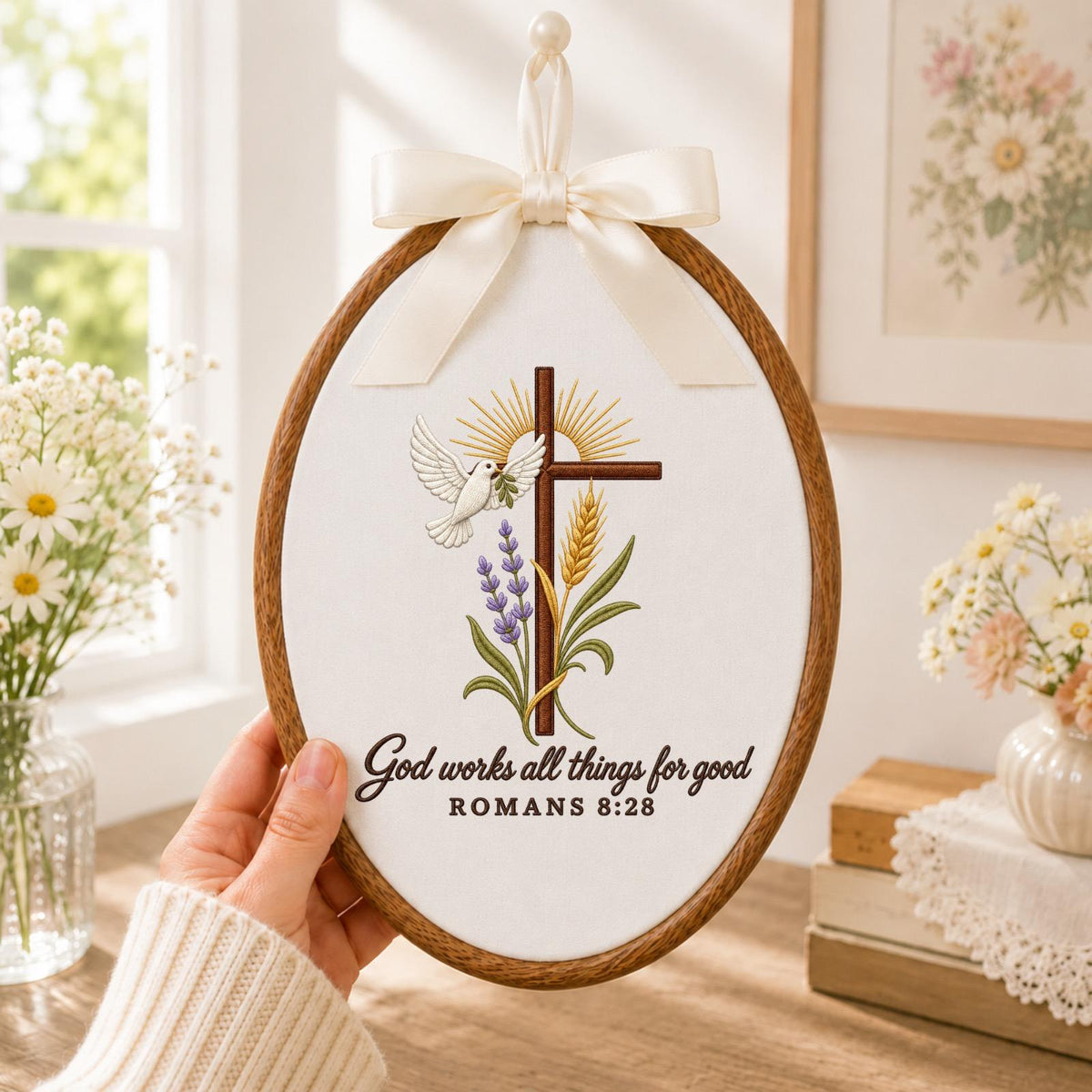 Personalized Embroidered Ornament, Romans 8:28 Christian Ornament, Cross Dove Bible Verse Gift, Religious Faith Keepsake, Christian Decor