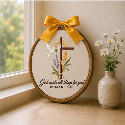 Personalized Embroidered Ornament, Romans 8:28 Christian Ornament, Cross Dove Bible Verse Gift, Religious Faith Keepsake, Christian Decor