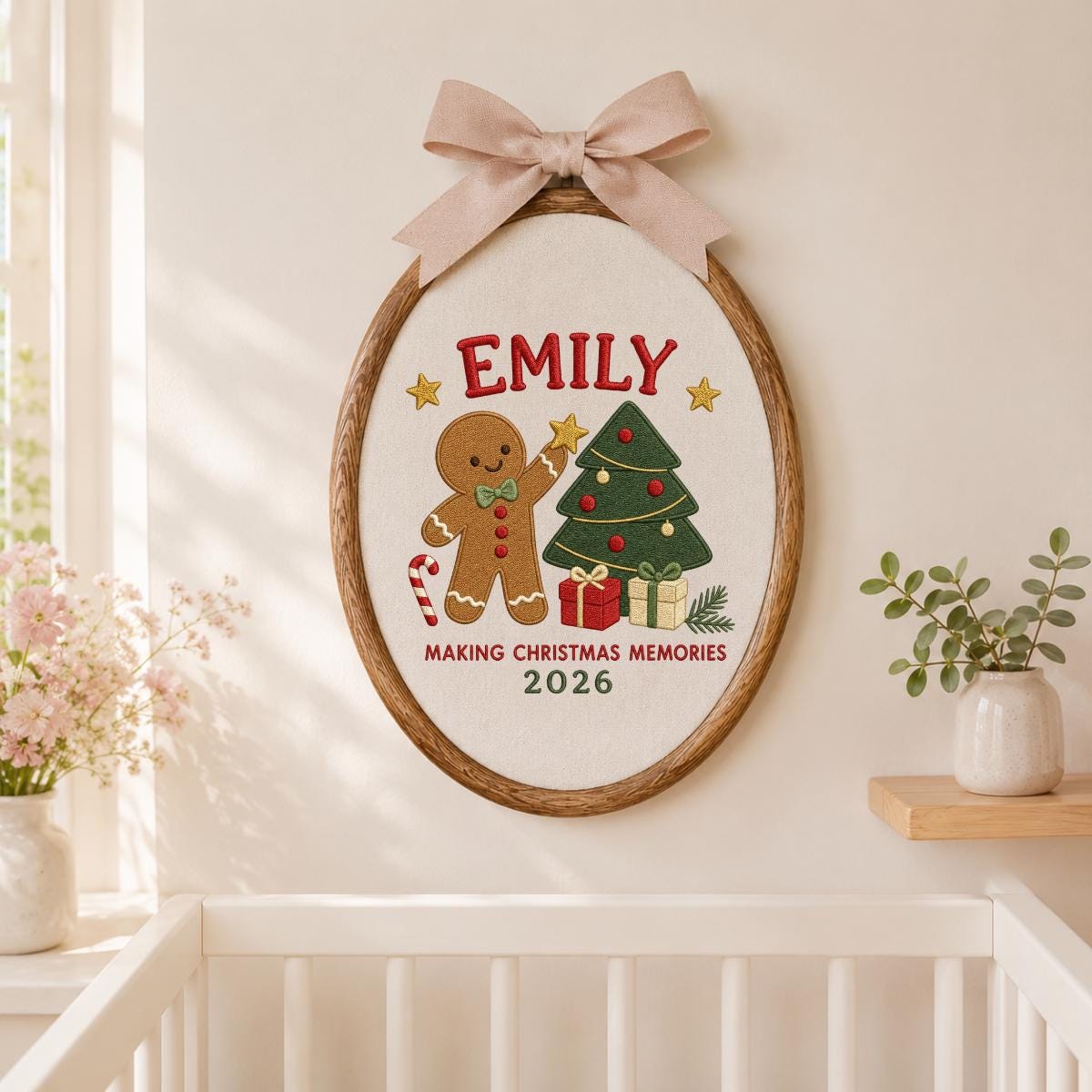 Personalized Emily Christmas Memories Embroidery, 2026 Custom Hoop Art, Cute Gingerbread & Tree Decoration