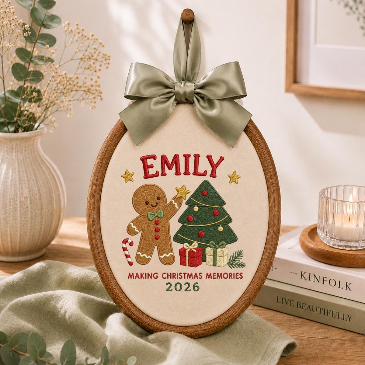 Personalized Emily Christmas Memories Embroidery, 2026 Custom Hoop Art, Cute Gingerbread & Tree Decoration