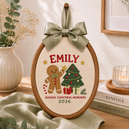 Personalized Emily Christmas Memories Embroidery, 2026 Custom Hoop Art, Cute Gingerbread & Tree Decoration