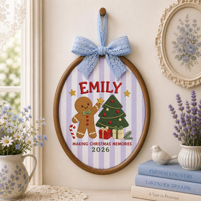 Personalized Emily Christmas Memories Embroidery, 2026 Custom Hoop Art, Cute Gingerbread & Tree Decoration