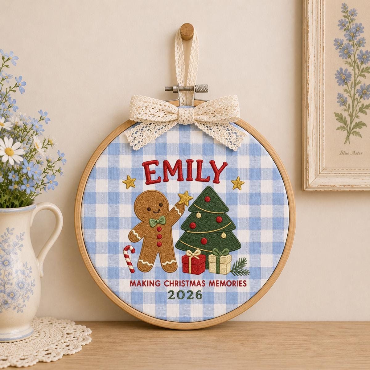 Personalized Emily Christmas Memories Embroidery, 2026 Custom Hoop Art, Cute Gingerbread & Tree Decoration