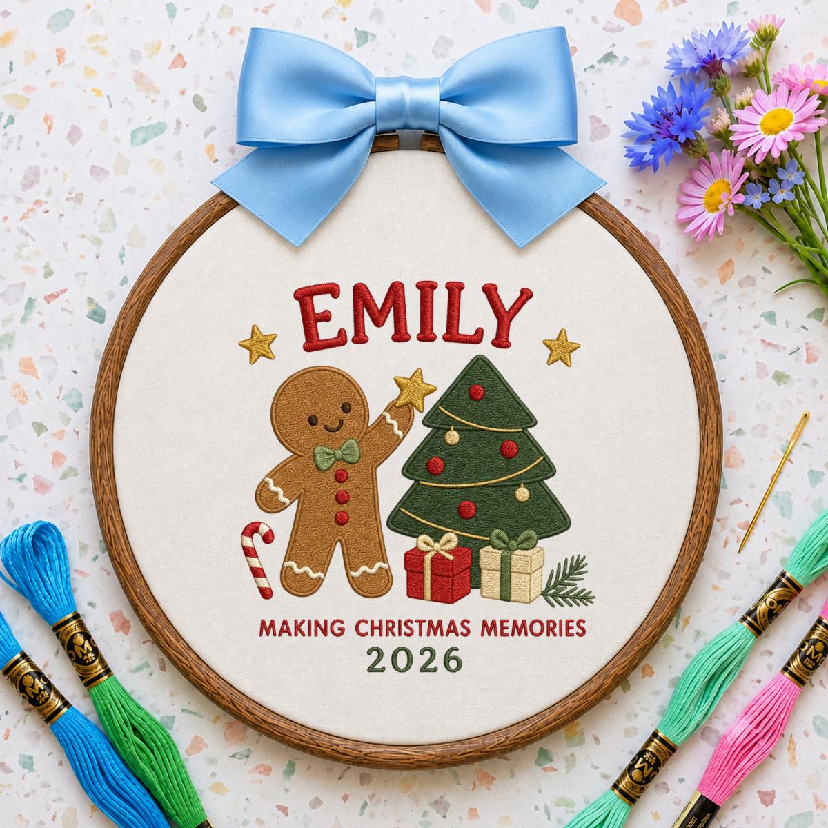 Personalized Emily Christmas Memories Embroidery, 2026 Custom Hoop Art, Cute Gingerbread & Tree Decoration
