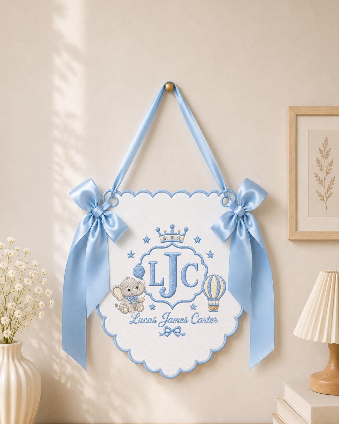 Personalized Embroidered Baby Name Banner, Custom Elephant Nursery Wall Decor, Baby Boy Monogram Name Sign, Newborn Gift