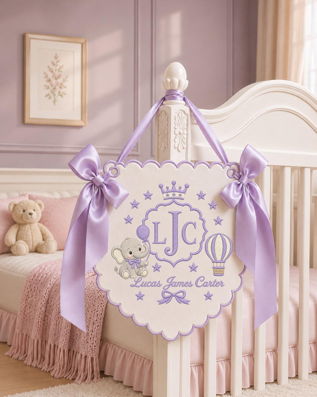 Personalized Embroidered Baby Name Banner, Custom Elephant Nursery Wall Decor, Baby Boy Monogram Name Sign, Newborn Gift
