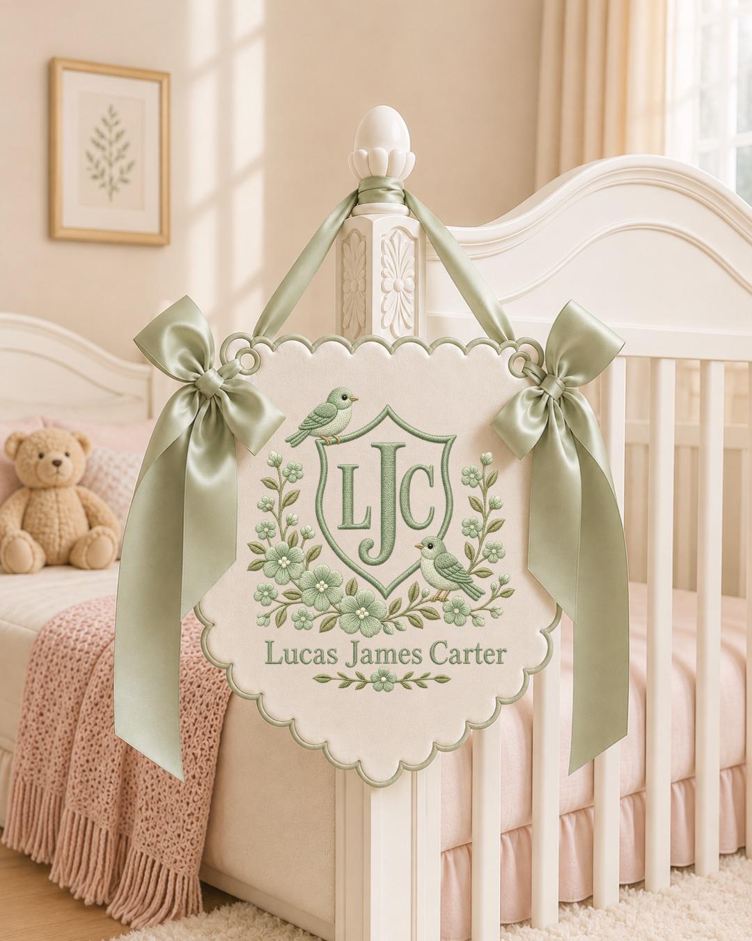 Personalized Embroidered Baby Name Banner, Floral Bird Nursery Wall Decor, Custom Monogram Name Sign, Baby Girl Nursery Decor, Newborn Gift