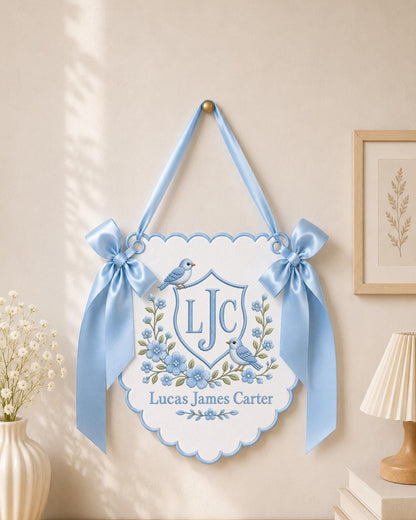 Personalized Embroidered Baby Name Banner, Floral Bird Nursery Wall Decor, Custom Monogram Name Sign, Baby Girl Nursery Decor, Newborn Gift