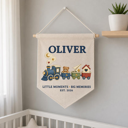 Personalized Train Canvas Pennant Banner, Custom Name Oliver Little Moments Big Memories Embroidered Boy Nursery Wall Hanging Sign