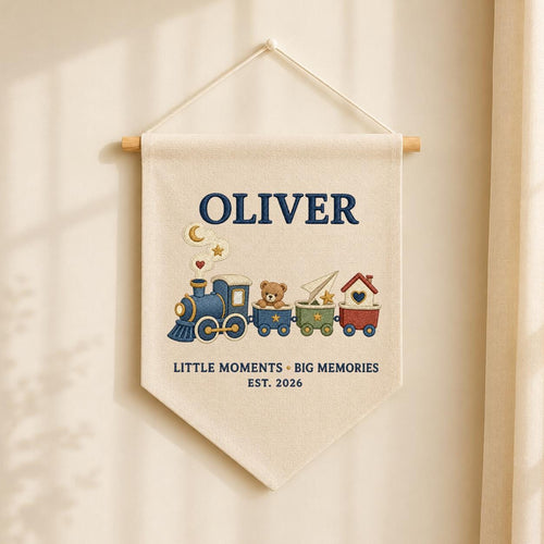 Personalized Train Canvas Pennant Banner, Custom Name Oliver Little Moments Big Memories Embroidered Boy Nursery Wall Hanging Sign