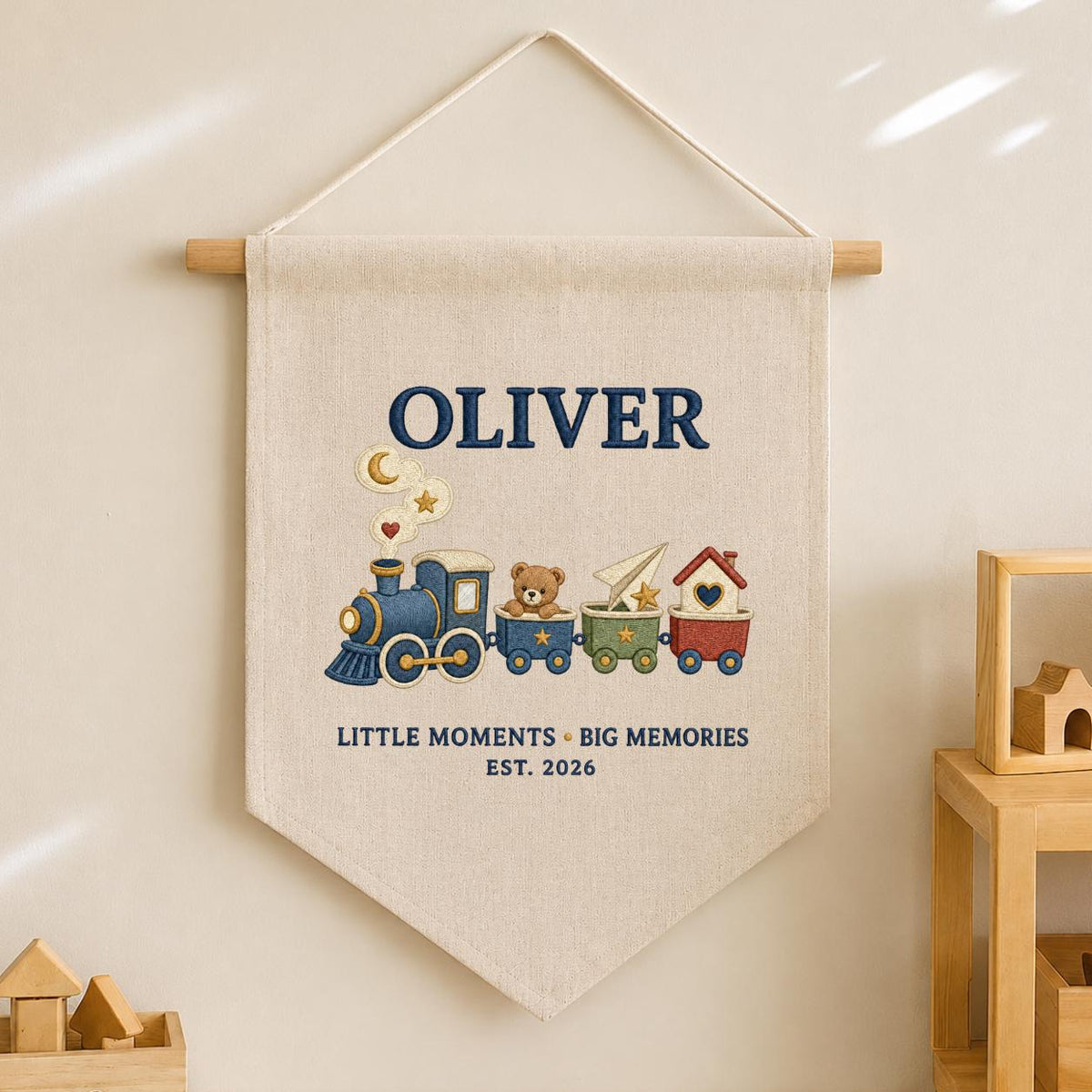 Personalized Train Canvas Pennant Banner, Custom Name Oliver Little Moments Big Memories Embroidered Boy Nursery Wall Hanging Sign