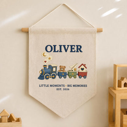 Personalized Train Canvas Pennant Banner, Custom Name Oliver Little Moments Big Memories Embroidered Boy Nursery Wall Hanging Sign