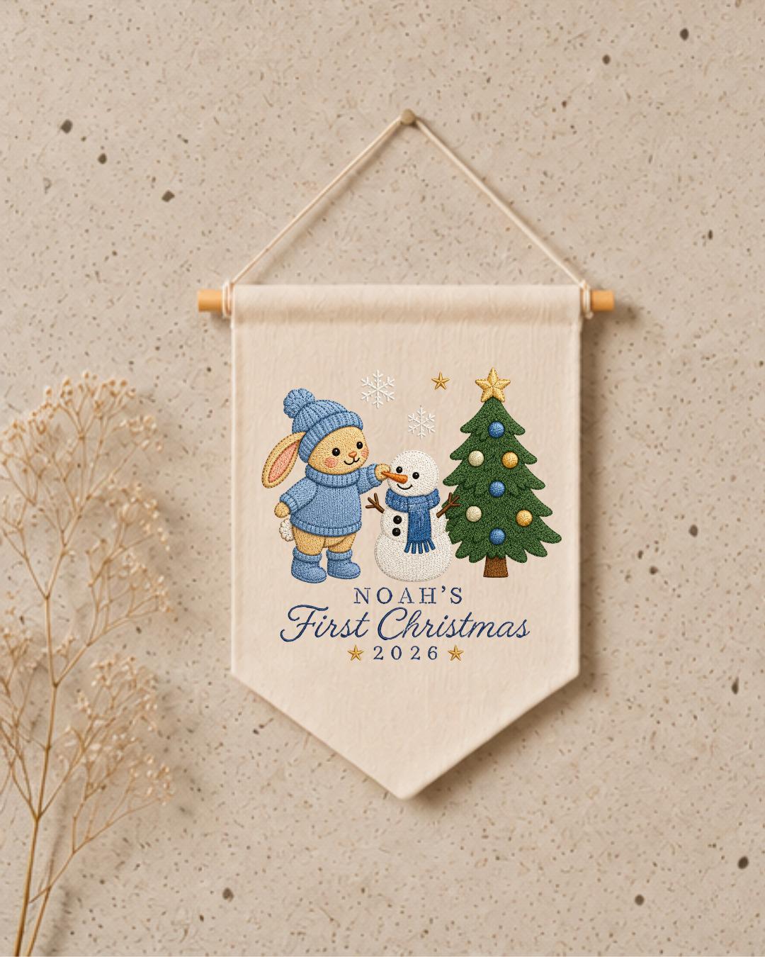 Personalized First Christmas Wall Hanging, Custom Name Embroidered Bunny Banner, Baby Christmas Nursery Decor, Snowman Holiday Keepsake 2026