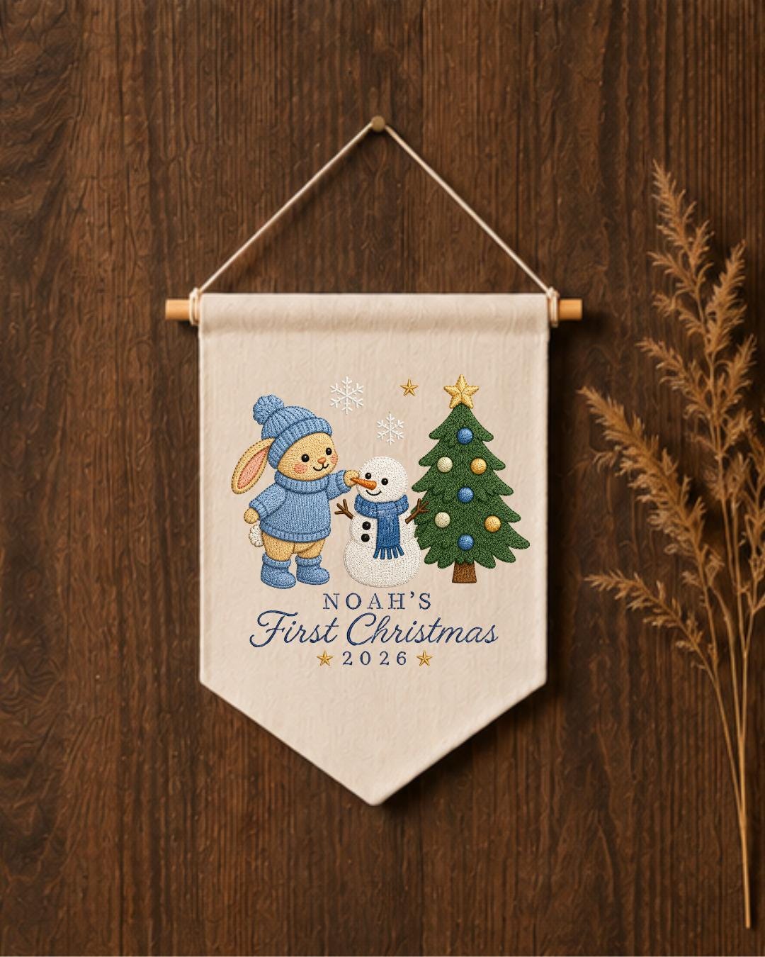 Personalized First Christmas Wall Hanging, Custom Name Embroidered Bunny Banner, Baby Christmas Nursery Decor, Snowman Holiday Keepsake 2026